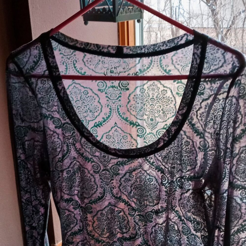 Maurices Women's Brown & Teal Sheer Damask Long Sleeve Pullover Top - Picture 10 of 10